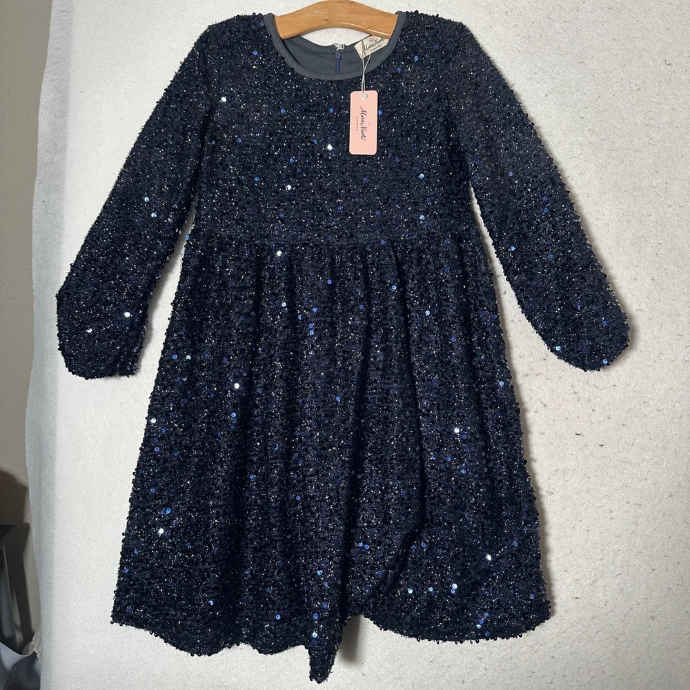 Marie Nicole Clothing Girls Navy Blue Sequin Long Sleeve Party Dress Size 11/12